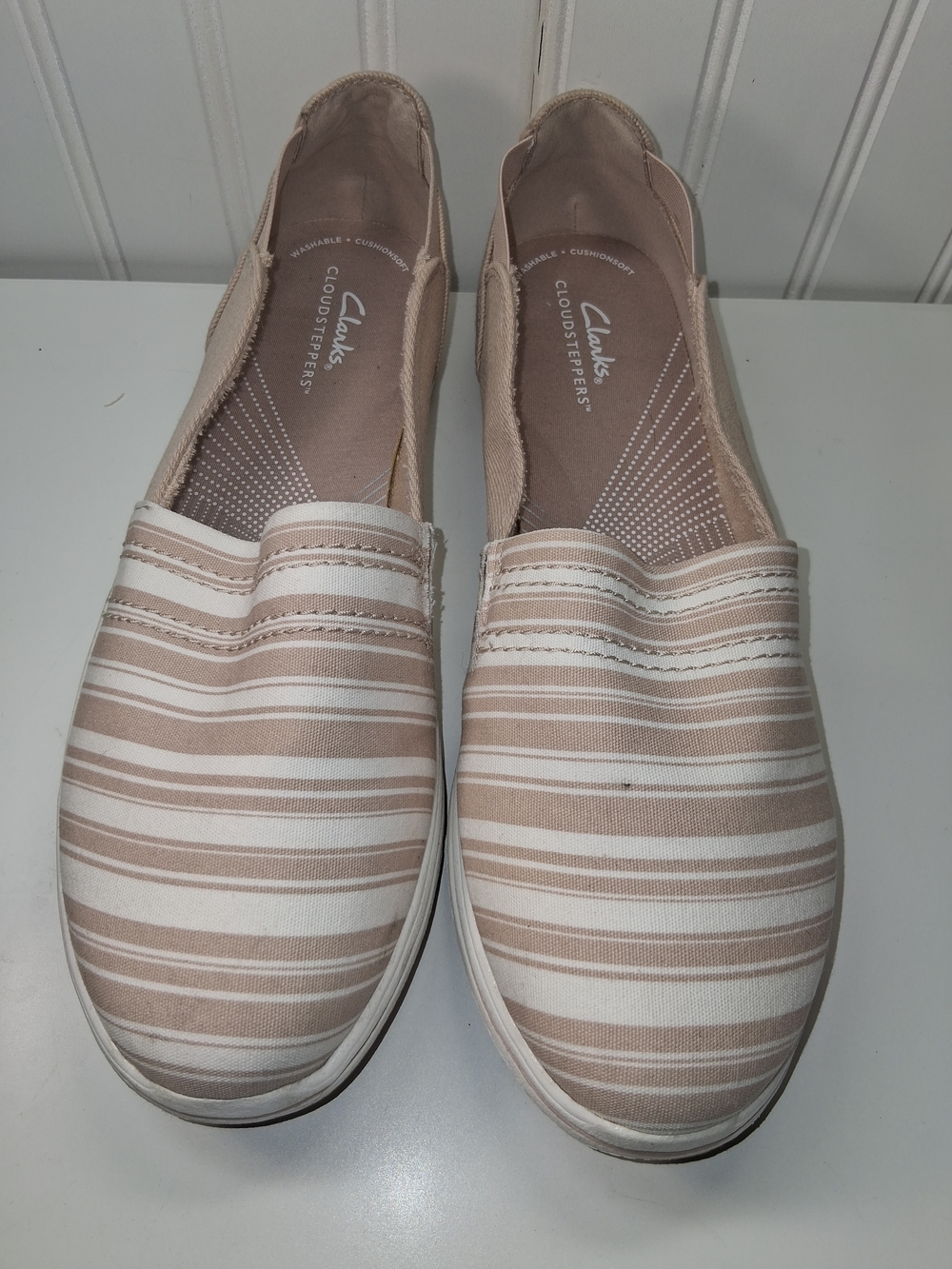 Clarks Women's Beige and White Striped Slip-On Mules